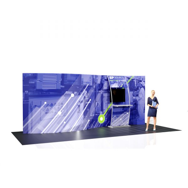 20' Wave Curve Tension Fabric Display Back Wall with Accent Ladder and Monitor Mount left
