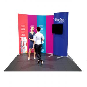 10′ Fabric Backwall Display with Curved Monitor Kiosk front