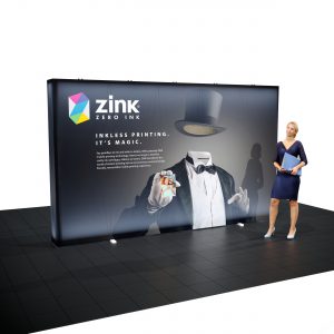 12.5′ Backlit Double-Sided Tension Fabric Display left person standing there